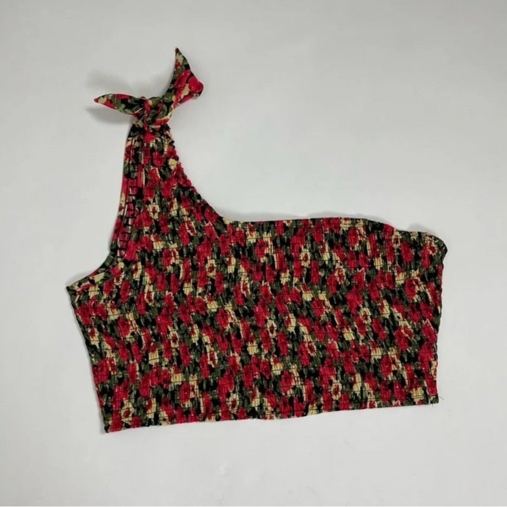 Red Floral Print Multicolor Cropped One Shoulder Smocked Tie-Shoulder Top